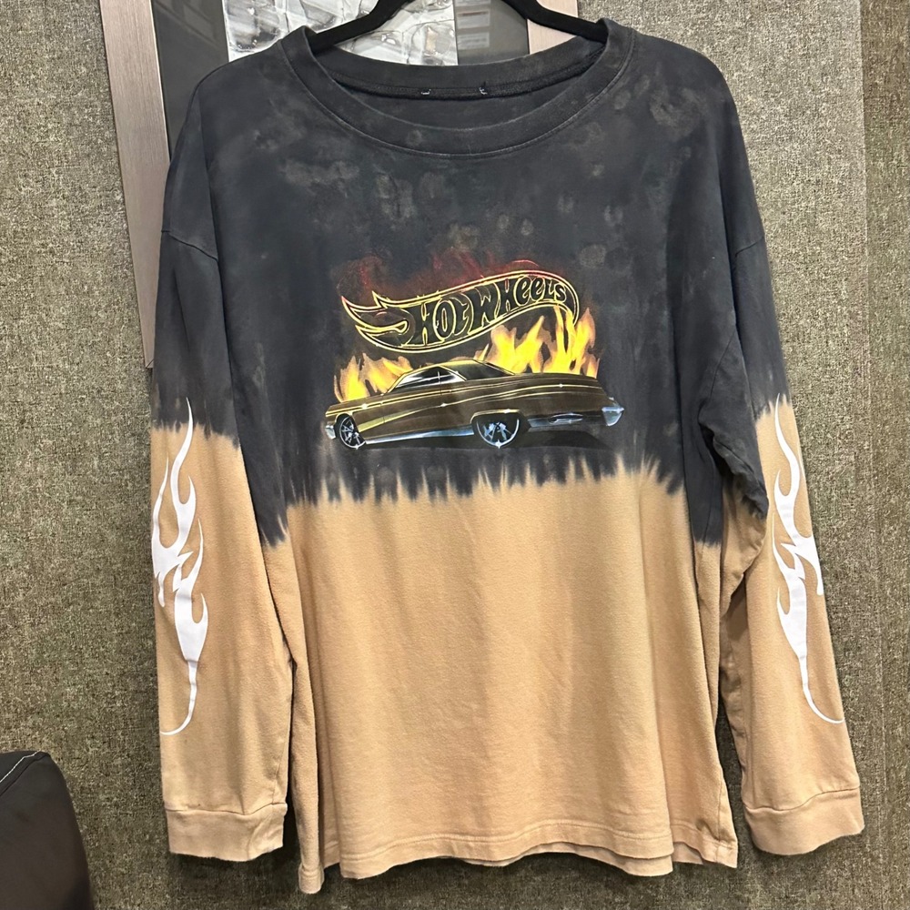 Hot Wheels Long Sleeve Graphic Tee Bleach Dip Dye Flame Lowrider Shirt‎ Mens